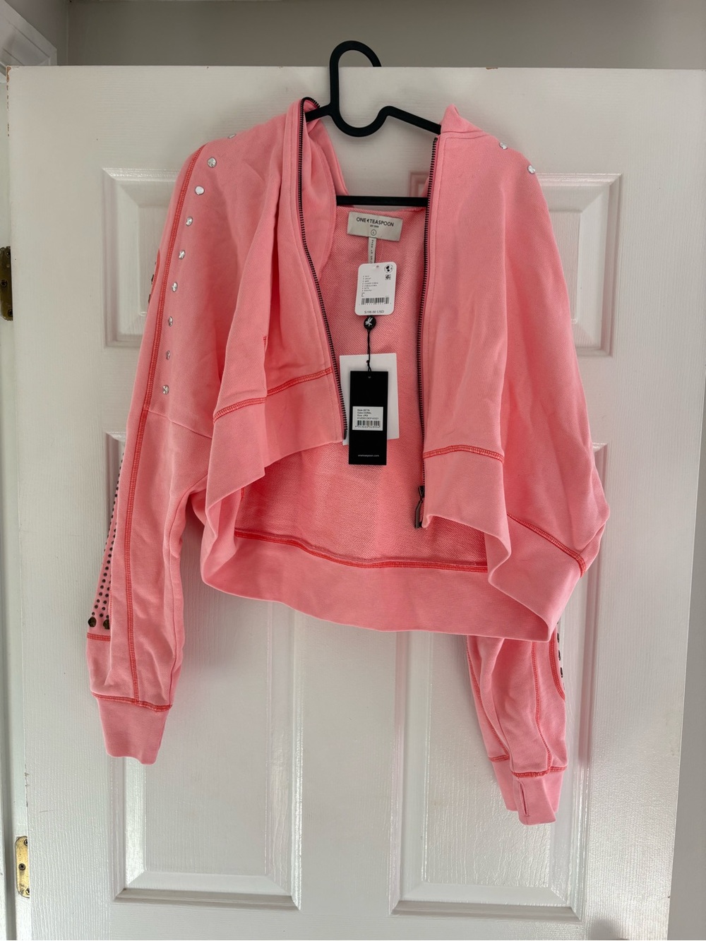 One Teaspoon Pink Cropped Hooded Sweatshirt with Stud Details